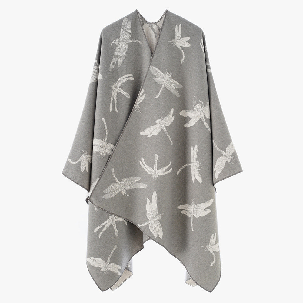 Dam Reversible Jacquard poncho med Dragonfly mönster