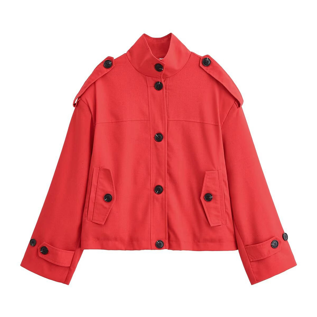 Dam Boxy-kort jacka med Stand krage Shoulder Patches och Flap fickor