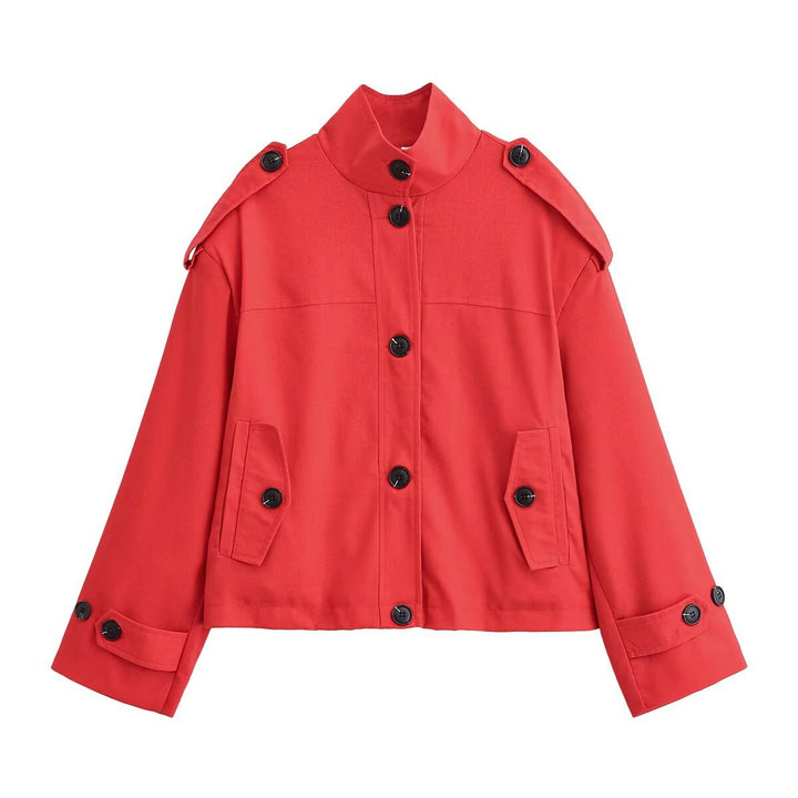 Dam Boxy-kort jacka med Stand krage Shoulder Patches och Flap fickor