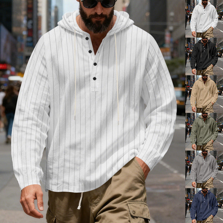 Herr Lätt Luvtröja Henley Skjorta med Fin Pinstripes