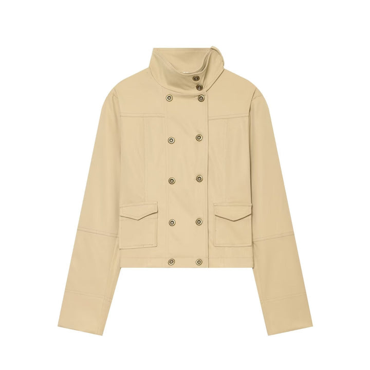 Dam Kort Utility-Stil Blouson med Hög Stå Krage och Double-Breasted Knapp Knäppning