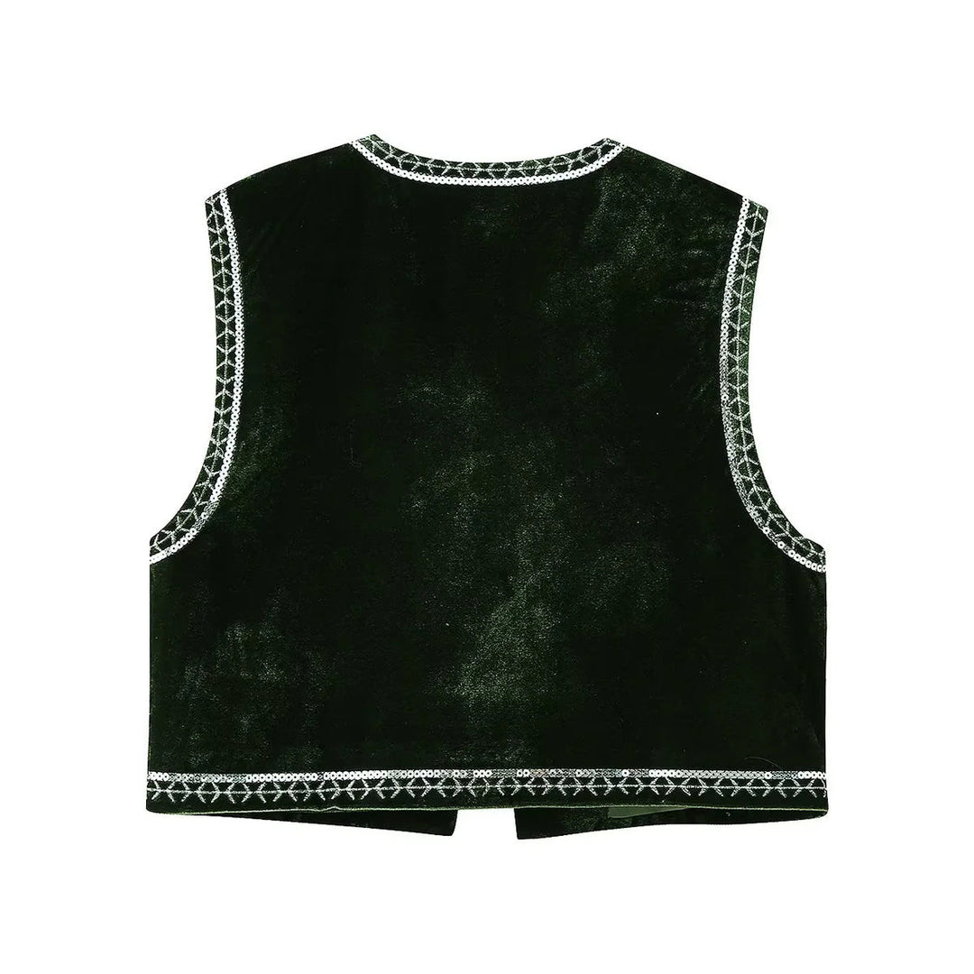 Dam embroidered velvet väst med sequin floral decoration, öppen front och decorative kant
