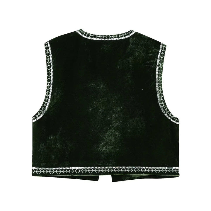 Dam embroidered velvet väst med sequin floral decoration, öppen front och decorative kant