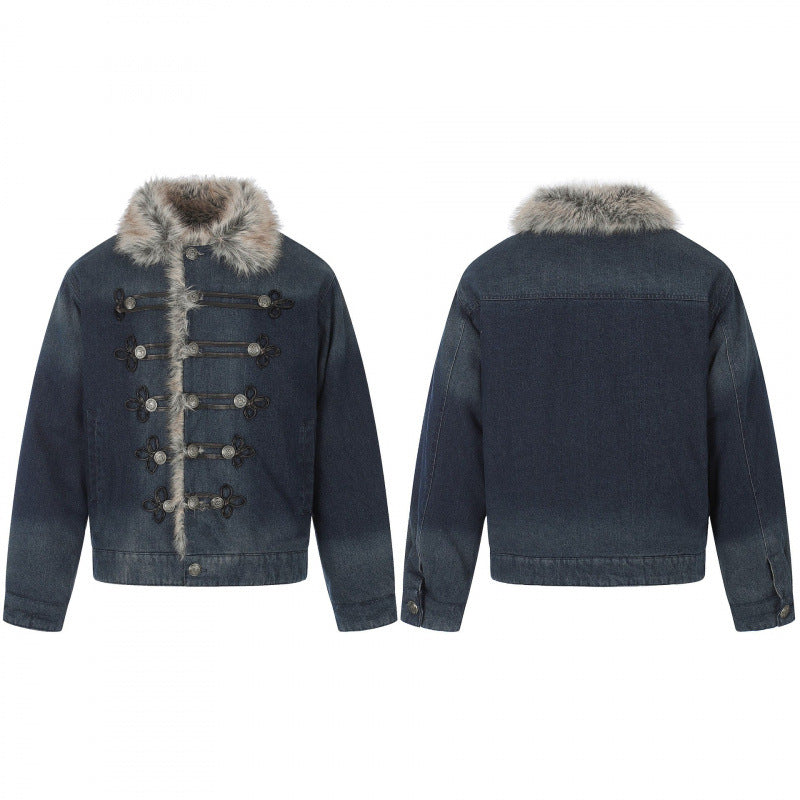 Herr denimjacka i military-inspired ornament stil med fusk päls trim