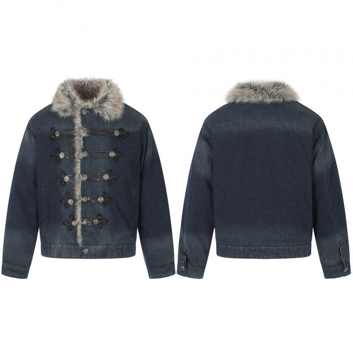 Herr denimjacka i military-inspired ornament stil med fusk päls trim