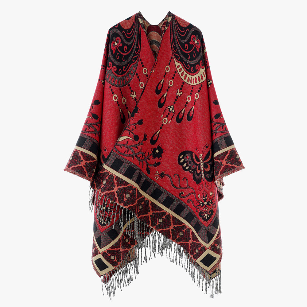 Dam Woven kimono poncho med Ornamental Jacquard, V-Neck och fransfåll