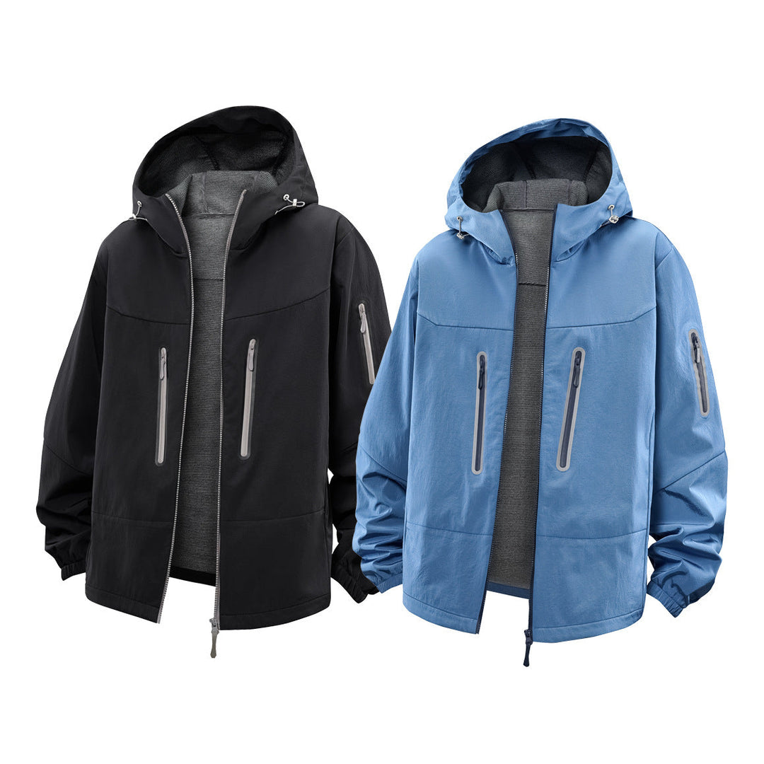Herr Teknisk Softshell Frilufts Jacka med Huva, Tätad Dragkedjor och Sportig Normal Passform