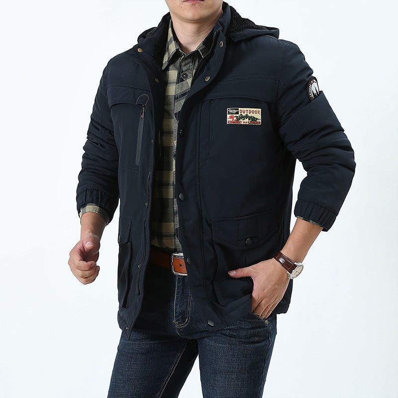 Herr Vindtät med Huva Parka med Teddy Foder, Multiple Fickor och Lapp Detaljer