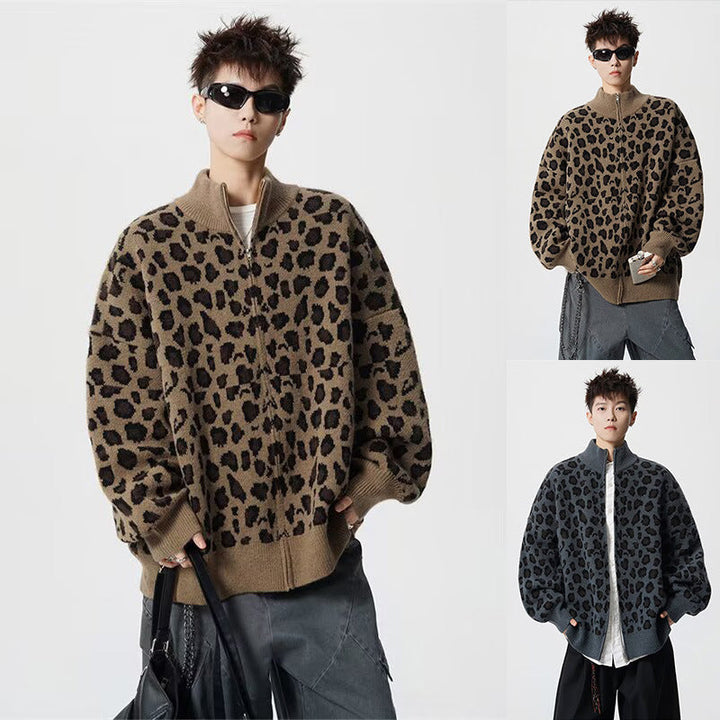 Herr Modern Stickad Jacka med Leopard Mönster och Hög Krage