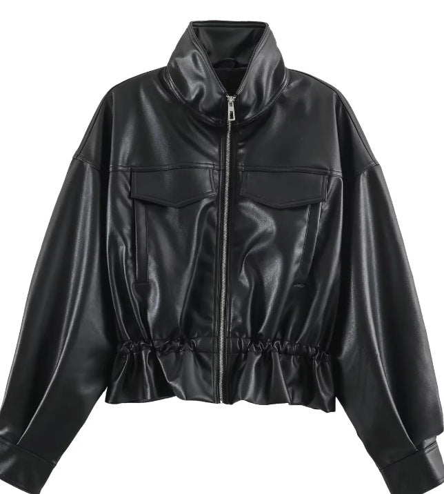 Dam Kort Faux Läder Blouson med Stå Krage, Lock Fickor och Drawstring Waist