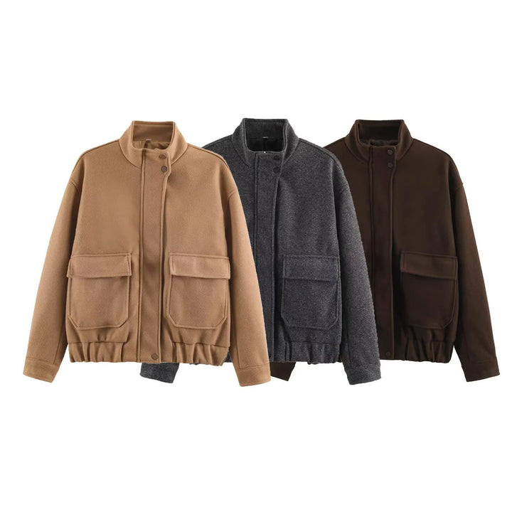 Dam kort-skärning boxy ull blouson med ståkrage, elastic waistband, och stor patch flap fickor
