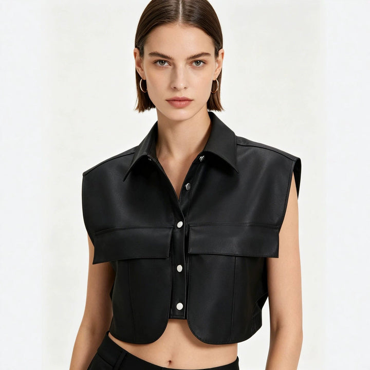 Dam kort ärmlös konstläder väst med oversize Shoulders