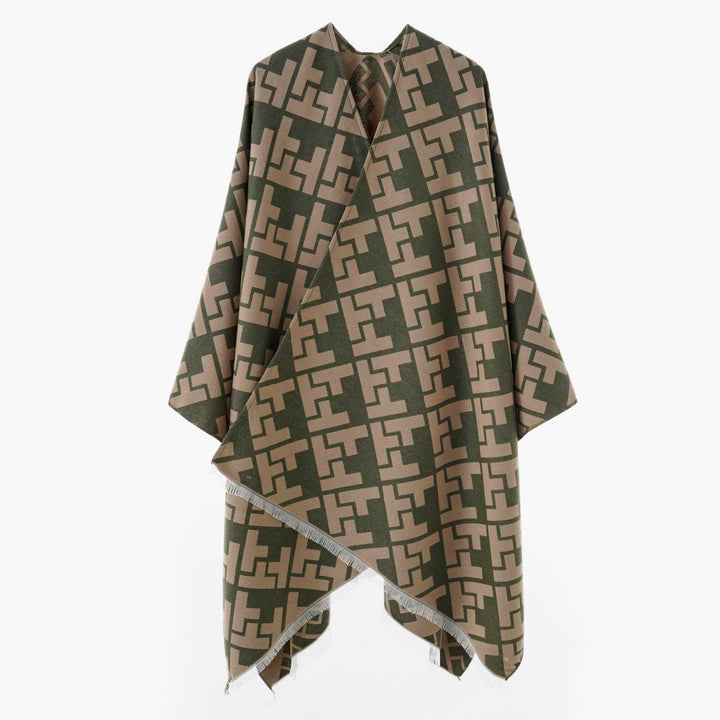 Dam Oversize Cape med Geometric Jacquard och fransfåll