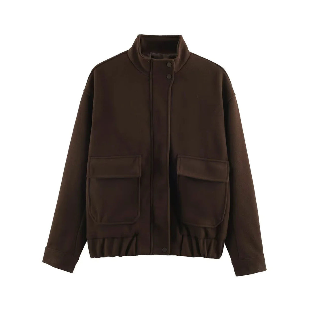 Dam kort-skärning boxy ull blouson med ståkrage, elastic waistband, och stor patch flap fickor