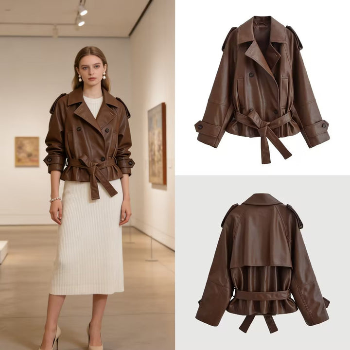 Dam kort Double-Breasted konstläder trench med midjebälte och Shoulder Epaulettes