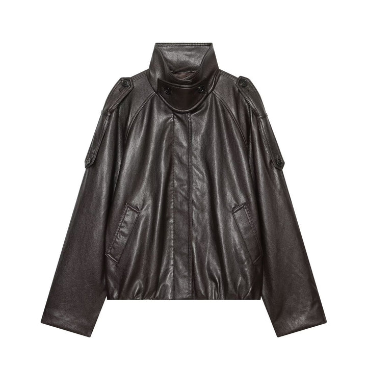 Dam Oversize Kort Jacka i Läderlook med Hög Standing Krage och Epaulettes