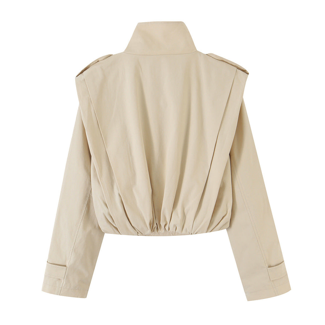 Dam Kort Double-Breasted Trench Jacka med Stå Krage och Tailoring Elastic