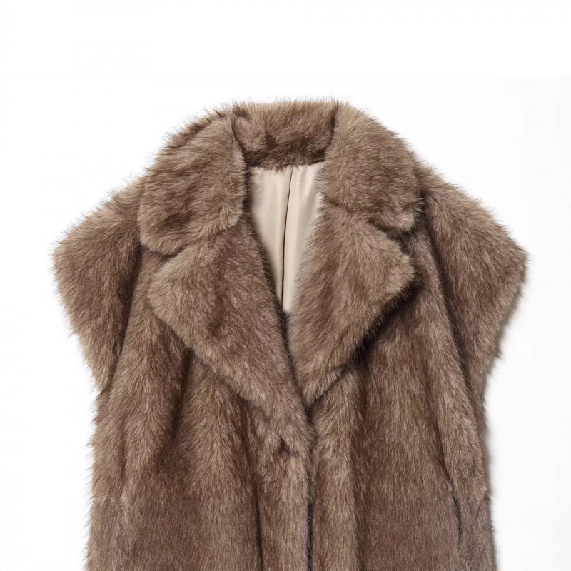 Dam Kort Faux Fur Väst med Voluminous Shawl Krage och Vadderad Foder
