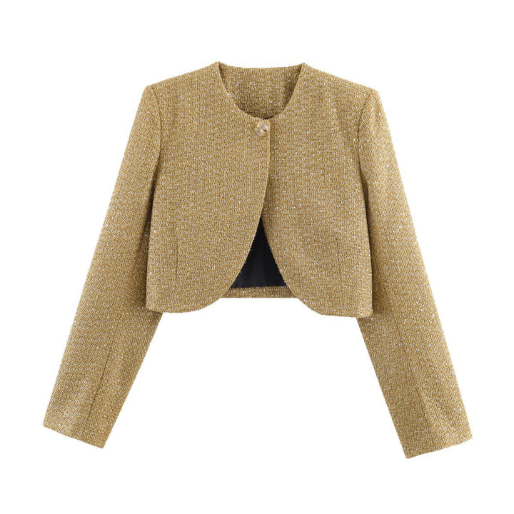 Dam Kort Skärning Bouclé Kort Jacka med Round Neckline och Single Knapp Stängning