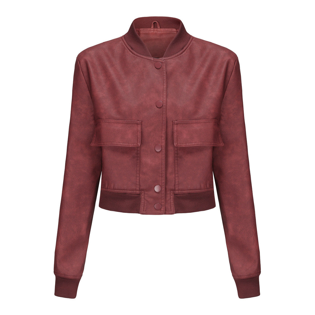 Dam kort crop konstläderjacka i blouson stil med snap front och flap fickor
