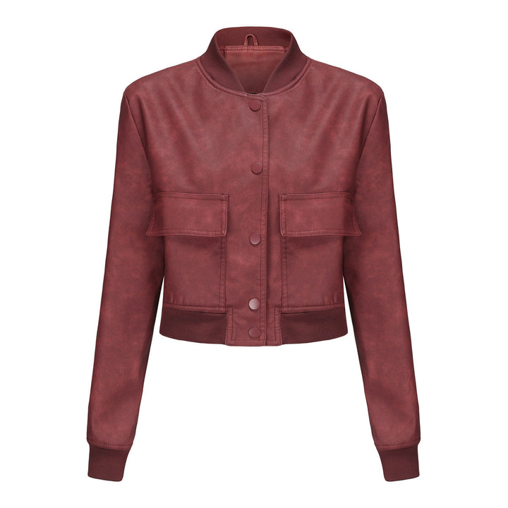 Dam kort crop konstläderjacka i blouson stil med snap front och flap fickor
