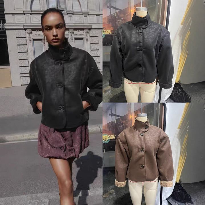 Dam Kort-Skärning Artificial Lambskin Jacka med Ståkrage, Knapp Stängning, och Foldable Faux-Fur Muddar