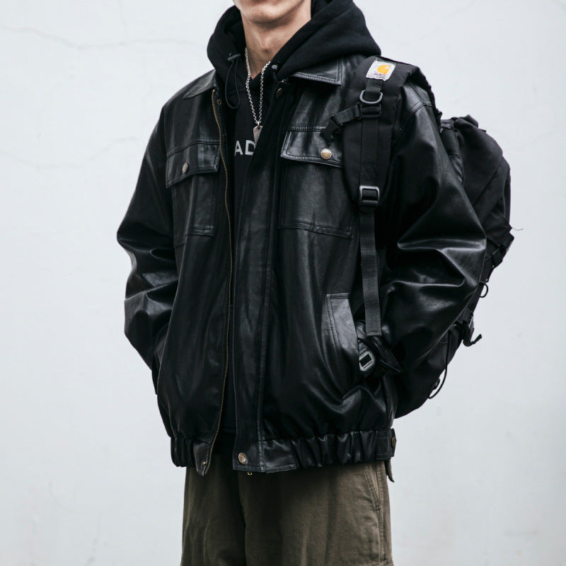 Herr oversize läderlook funktionsjacka med fickor med lock och elastisk fåll