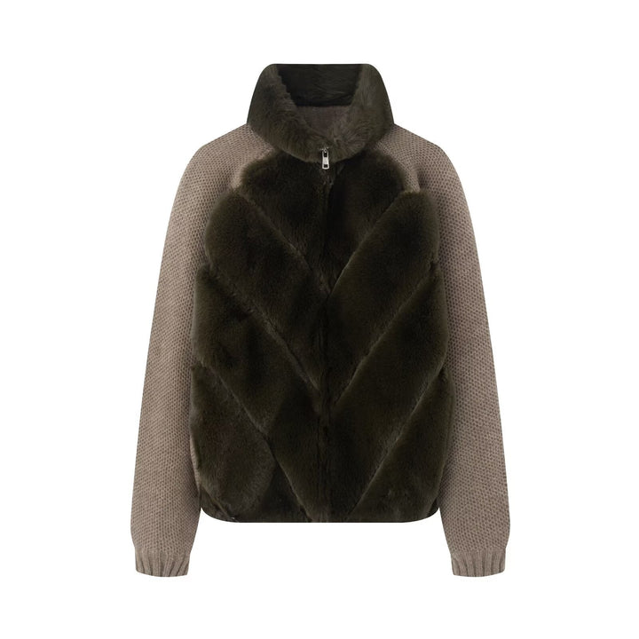 Dam kort jacka med Faux Fur Insert, Chunky Knitted ärmar och ståkrage
