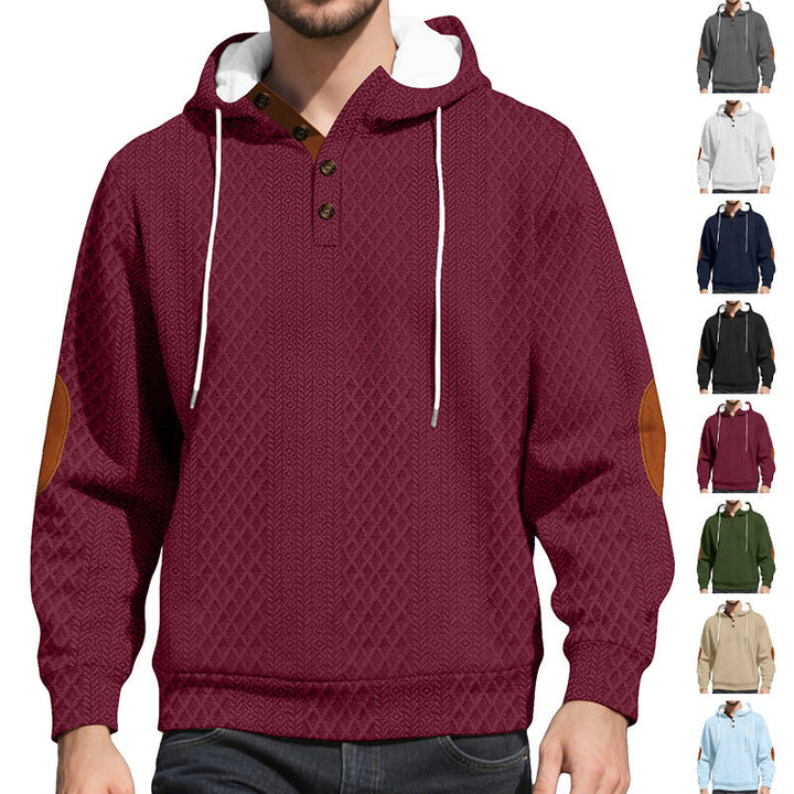 Herr Nan Diamond Structure Luvtröja med Kort Knapplist, Quiltad Huva Inner Edge, och Mocka Elbow Lapp