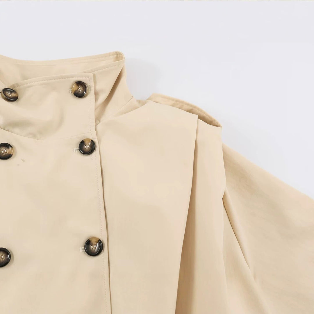 Dam Kort Trench Jacka i Blouson Stil med Stå Krage och Double-Breasted Knapp Knäppning