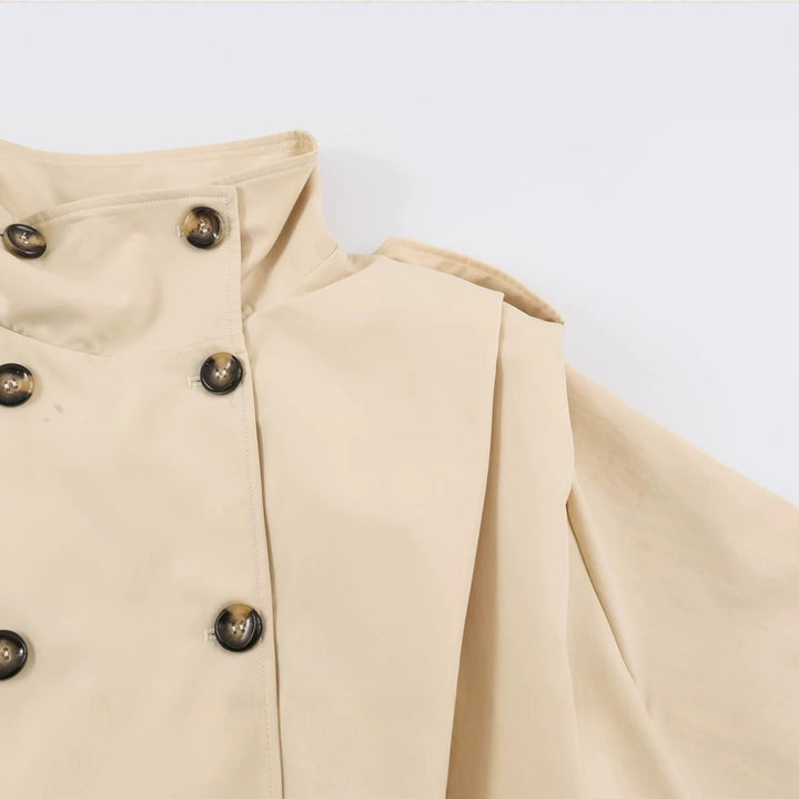 Dam Kort Trench Jacka i Blouson Stil med Stå Krage och Double-Breasted Knapp Knäppning