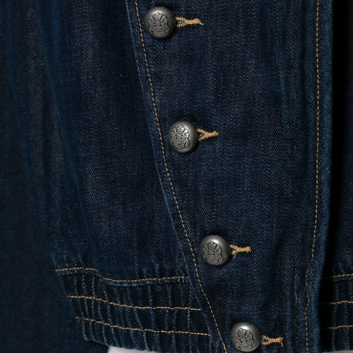 Dam Kort Denimjacka med Mandarin Krage, Dekorativ Knapp Knäppning och Shoulder Patches
