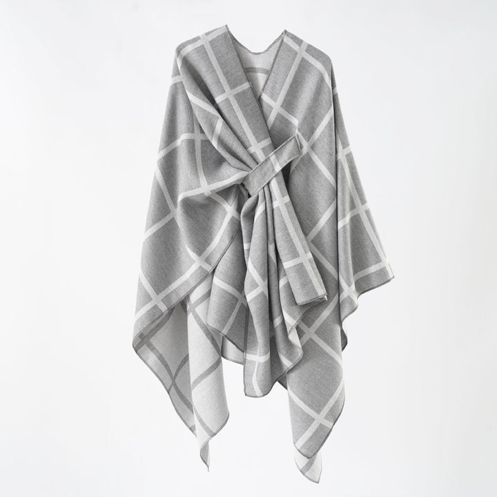 Dam Oversize ullblandning poncho med bälte och Check mönster