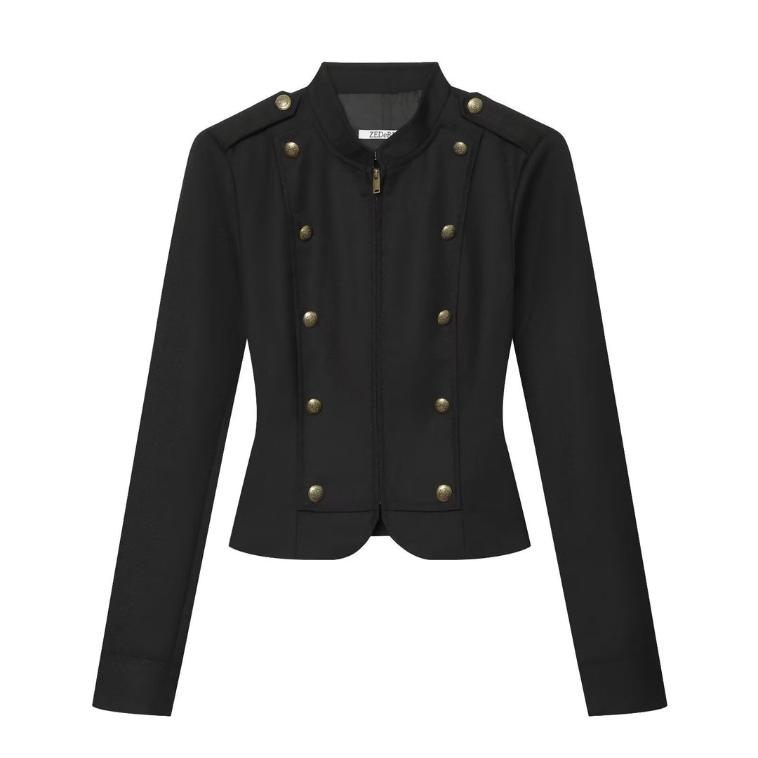 Dam Fitted Military Jacka i Blouson Stil med Stå Krage och Double Dekorativ Knapp Knäppning