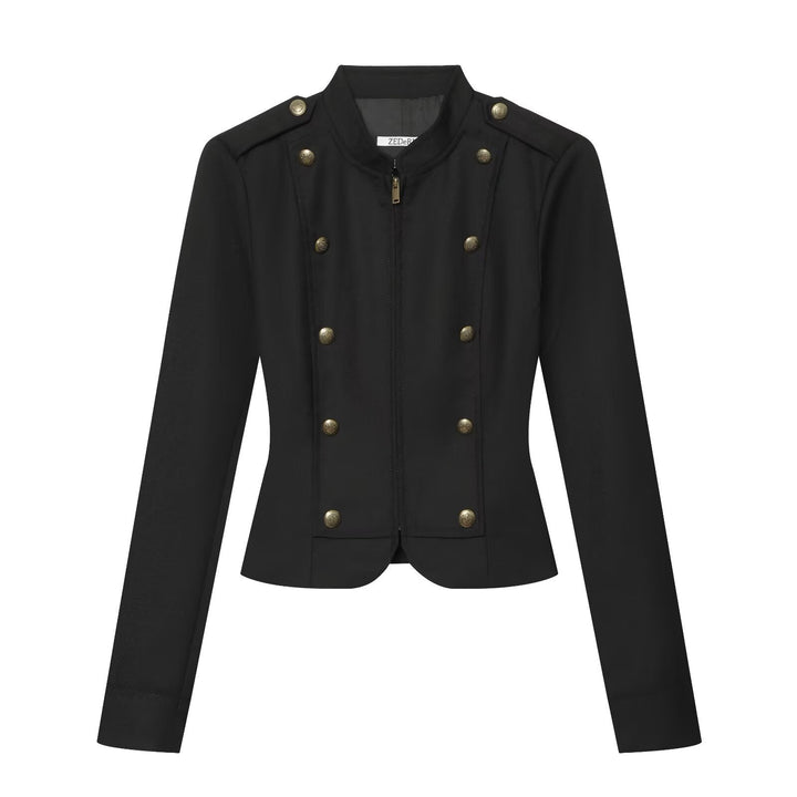 Dam Fitted Military Jacka i Blouson Stil med Stå Krage och Double Dekorativ Knapp Knäppning
