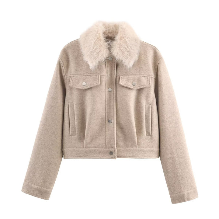 Dam Kort Ull Jacka med Voluminous Fur Krage, Tryckknapp-Knapp Fram och Lapp Bröst Fickor
