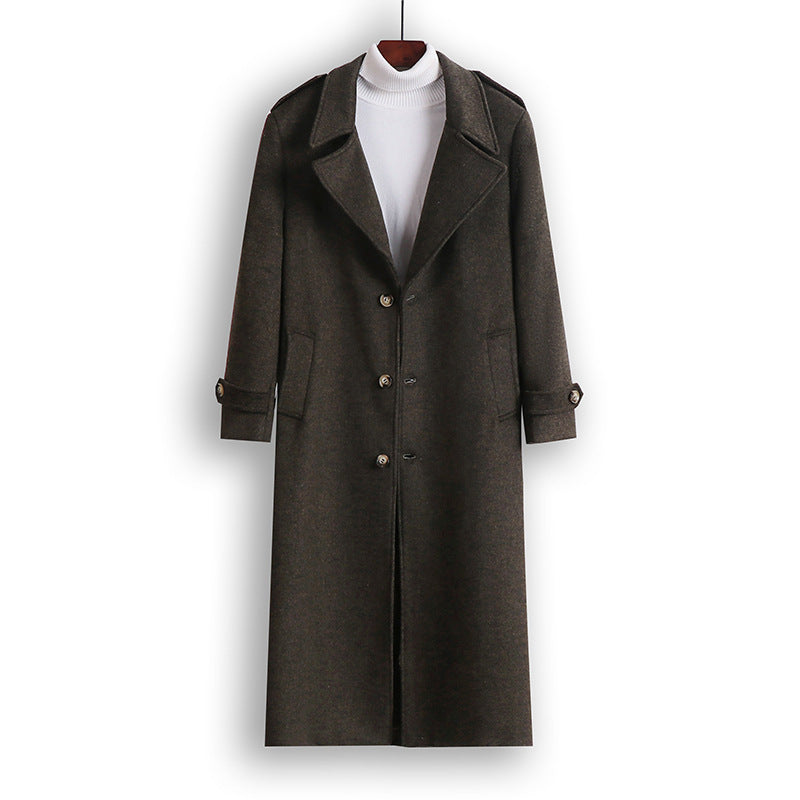 Herr Maxi-Length Ullblandning Overcoat med Boxig Siluett, Sjalkrage Krage och Dekorativa Axelklaffar