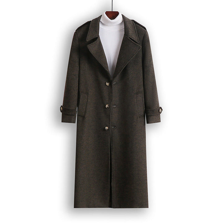 Herr Maxi-Length Ullblandning Overcoat med Boxig Siluett, Sjalkrage Krage och Dekorativa Axelklaffar