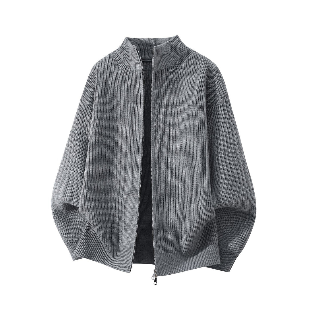 Herr Oversized Chunky Stickad Dragkedja Cardigan med Ståkrage och Tvåvägsdragkedja