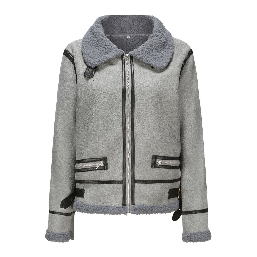 Dam kort skärning Aviator Sheepskin Imitation jacka med teddyfoder och konstläder Trim