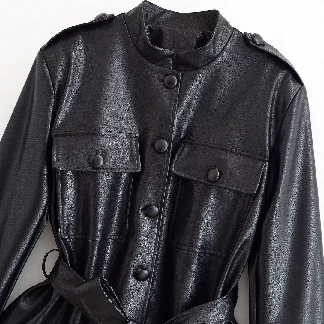 Dam Tailored Jacka i Konstläder med Tie Belt, Stå Krage och Lock Fickor