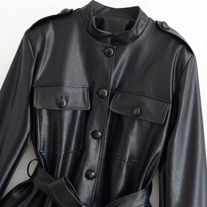 Dam Tailored Jacka i Konstläder med Tie Belt, Stå Krage och Lock Fickor