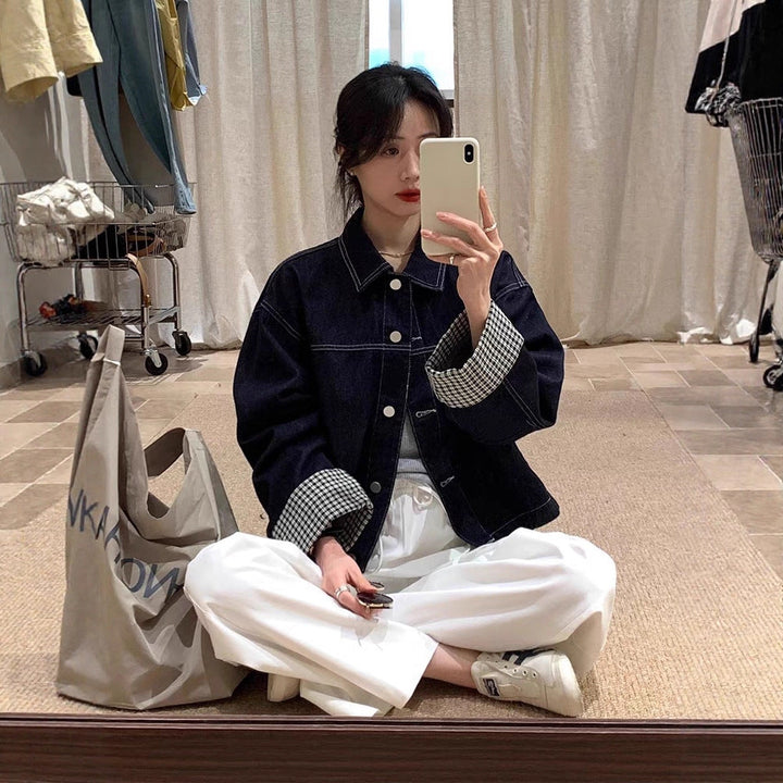 Dam oversize denimjacka med kontrasterande rutig foder och mudd Roll
