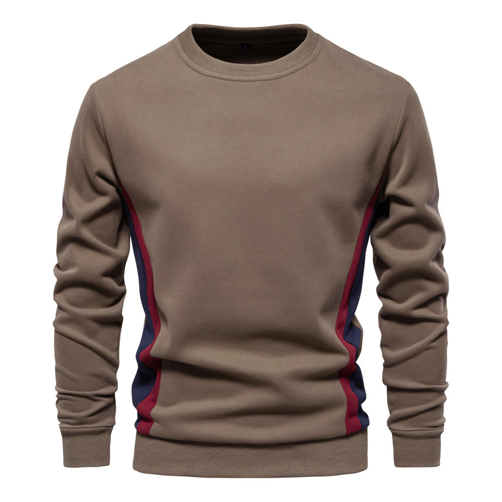 Herr Round Neck College-Tröja Gjord av Bomullsblandning med Contrasting Side Piping och Smal Silhuett