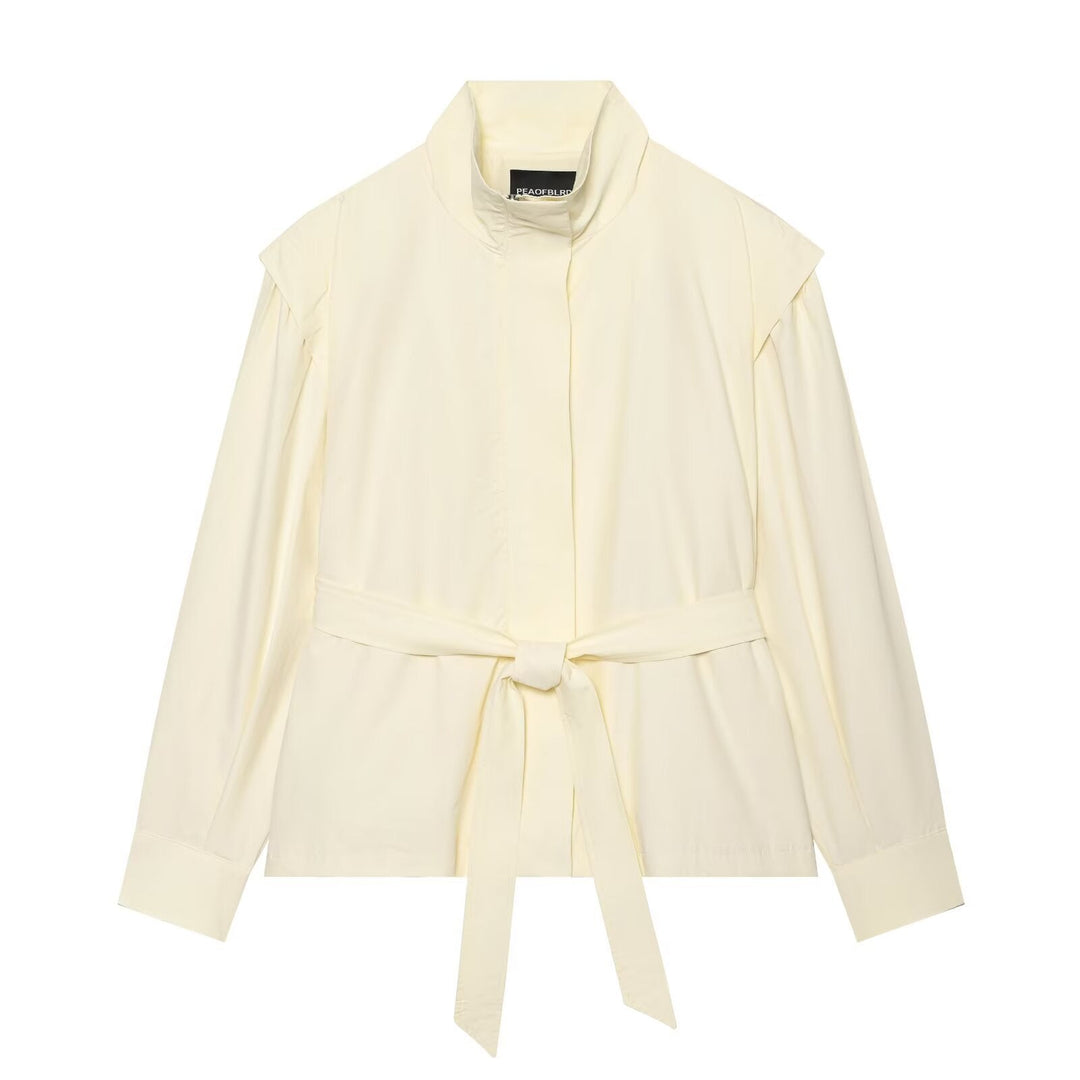 Dam Kort Jacka i Blouson Stil med Standing Krage, Tie Belt och Cape Shoulder