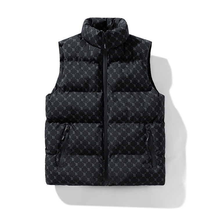 Herr quiltad funktion väst med monogram tryck och ståkrage
