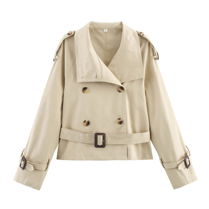 Dam kort Double-Breasted trench Blouson med hög ståkrage, Shoulder Tabs, och midjebälte