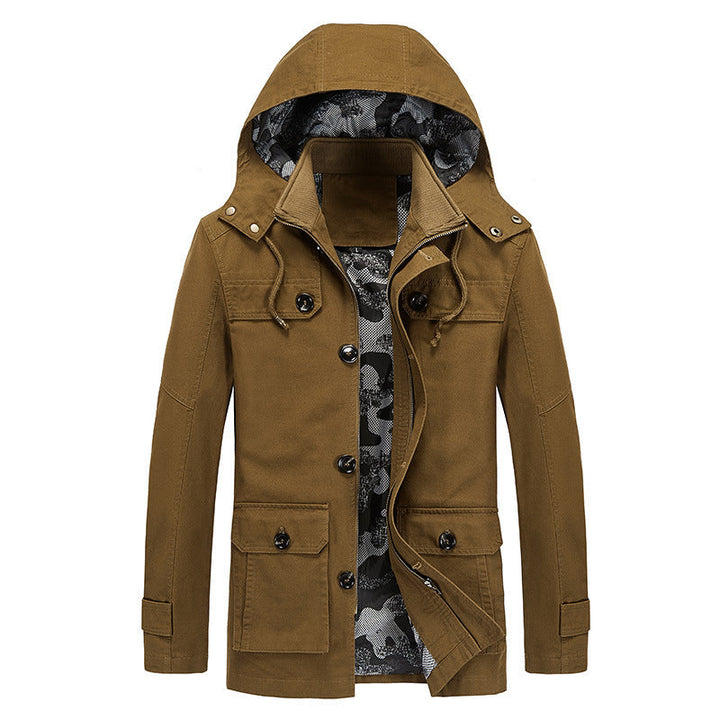 Herr Canvas med Huva Parka med Kamouflage Foder, Utility Fickor, och Hidden Dragkedja Slå