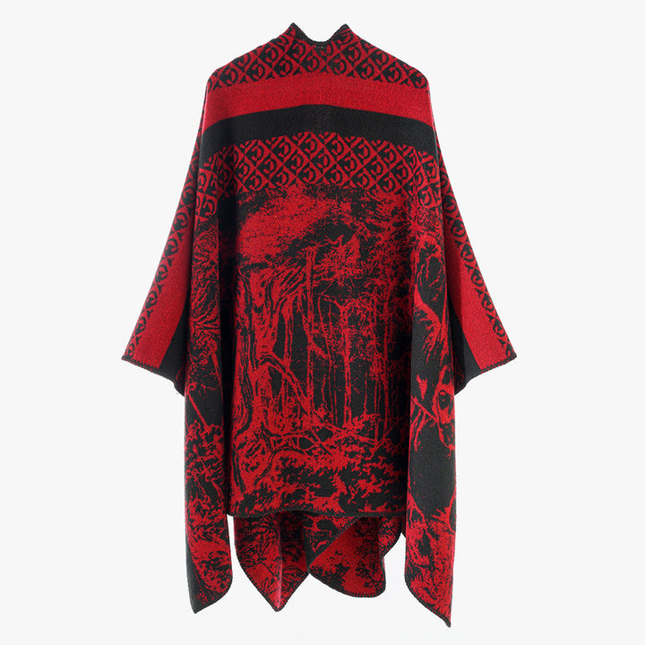 Dam jacquard stickad cape med ståkrage och graphic forest design