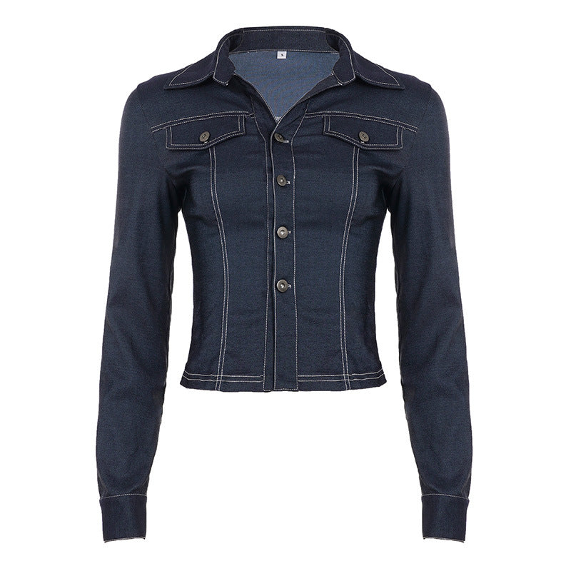 Dam figurnära jeansjacka med striking kontrast seams, bröstfickor, och figure-flattering skärning